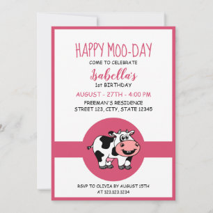 Invitation Vache Cute ferme animal thème fille 1er anniversai