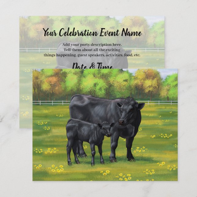 Invitation Vache d'Angus noir et veau mou en pâturage d'été (Devant / Derrière)