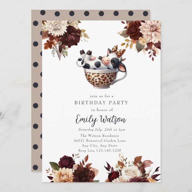 Invitation Vache de bébé mignonne | Anniversaire Tea Party (Devant / Derrière)