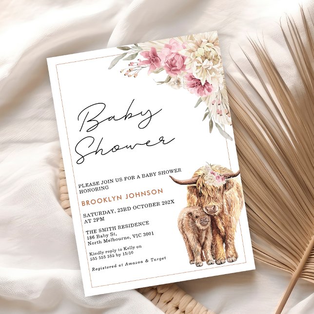 Invitation Vache de Highland Calf Boho rose Floral Baby Douch (Pink Floral Highland Cow Baby Shower Invitation, Highland Cow Calf Baby Shower Invite Girl)