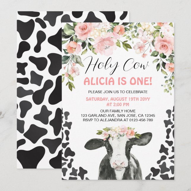 Invitation Vache de vache rose florale Imprimer Premier anniv (Devant / Derrière)