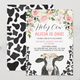Invitation Vache de vache rose florale Imprimer Premier anniv