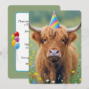 Invitation Vache des Highlands d'anniversaire avec chapeau de