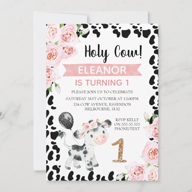 Invitation Vache florale noire rose Sainte Imprimer 1er anniv (Devant)