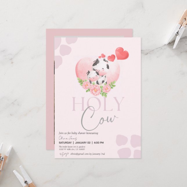 Invitation Vache florale rose pâle douche bébé fille (Devant/Arrière en situation)