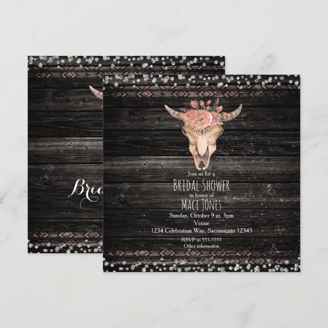 Invitation Vache florale rustique Crâne Bois foncé Glam Invit (Devant / Derrière)