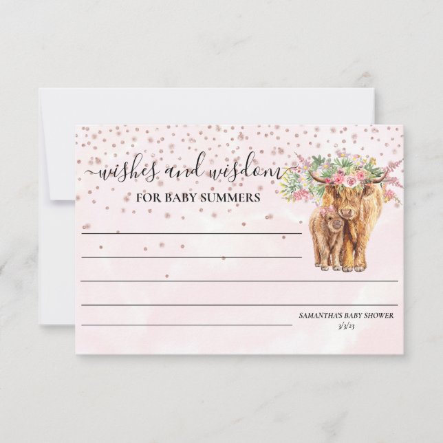 Invitation Vache Highland Baby shower rose veut la sagesse (Devant)