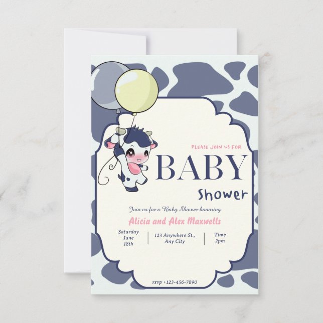 Invitation Vache jaune bleu foncé avec baby shower à ballon (Devant)
