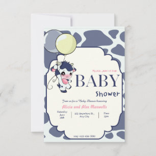 Invitation Vache jaune bleu foncé avec baby shower à ballon