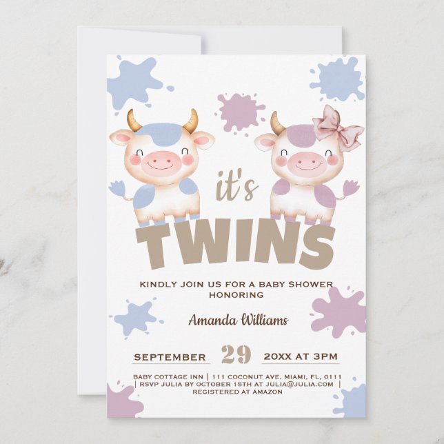 Invitation Vache jumelle fille garçon baby shower (Devant)