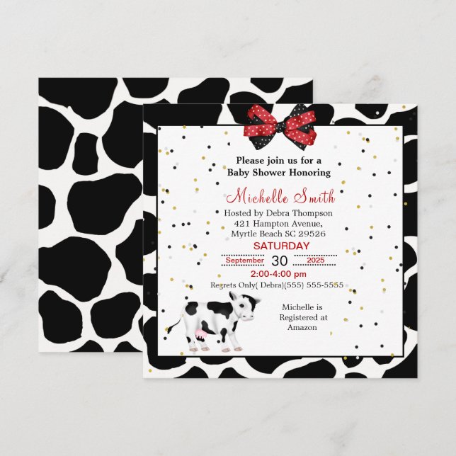Invitation Vache mignonne Imprimer Rouge Noir Bébé Douche Inv (Devant / Derrière)