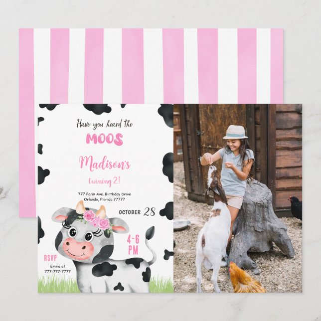 Invitation Vache mignonne modifiable Anniversaire Photo Invit (Devant / Derrière)
