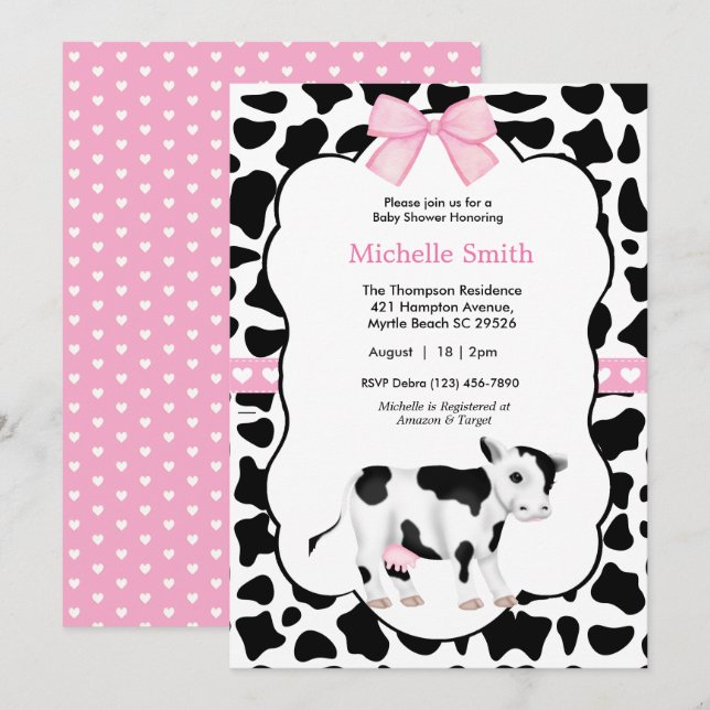 Invitation Vache noire blanche rose Imprimer Baby shower Invi (Devant / Derrière)