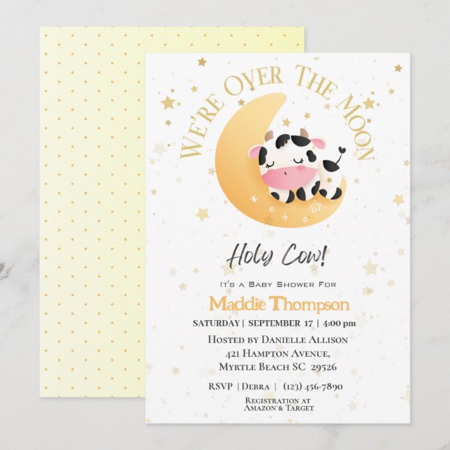 Invitation Vache Nous Sommes Au-Dessus De La Lune Baby shower (Devant / Derrière)