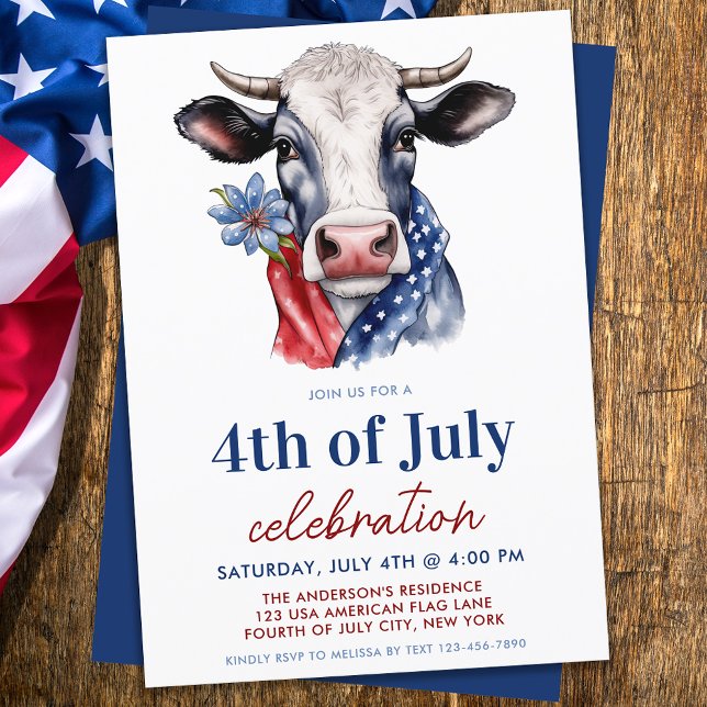 Invitation Vache patriotique 4 juillet Rouge Blanc & Bleu (Créateur téléchargé)