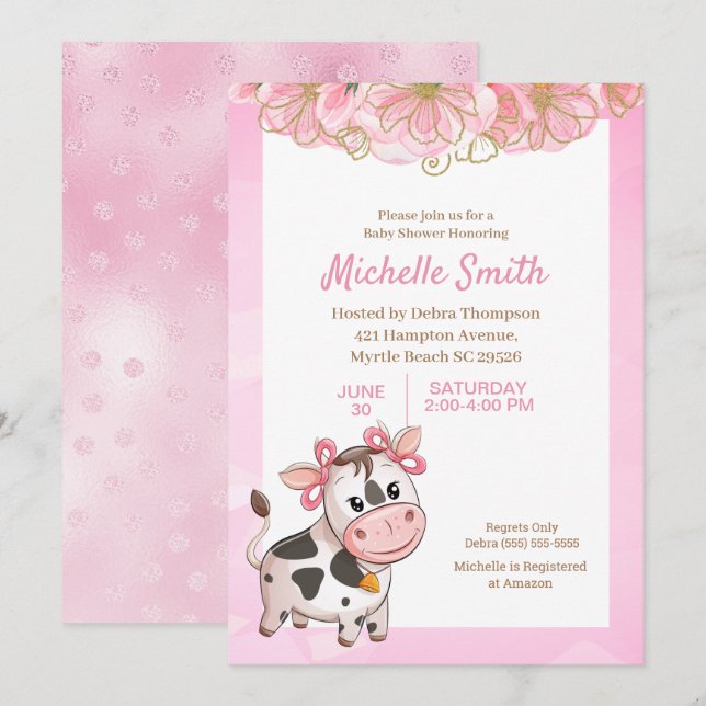 Invitation Vache rose et blanc mignonne Baby shower floral In (Devant / Derrière)