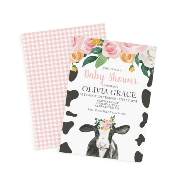 Invitation Vache rose Floral et En vichy Baby shower (Créateur téléchargé)