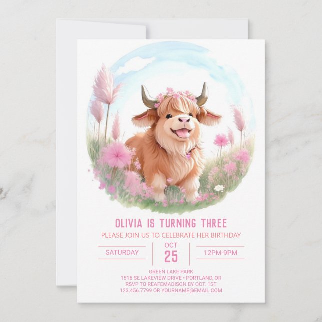 Invitation Vache rose Highland Ferme Magique Anniversaire (Devant)