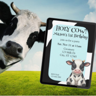 Invitation Vache sacrée, bleu, 1er anniversaire de la vache