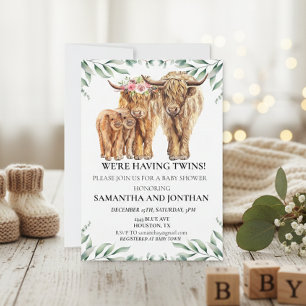 Invitation Vache sacrée Highland Jumeaux Baby Shower Eucalypt