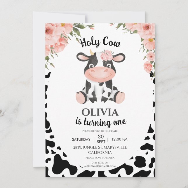 Invitation Vache Sainte Animaux de ferme Barnyard 1er 2e anni (Devant)