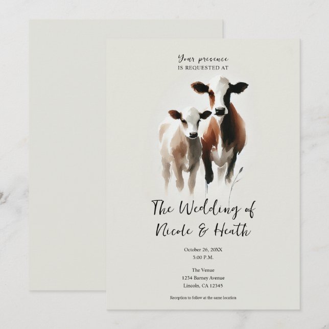 Invitation Vaches aquarelle Mariage rustique minimal (Devant / Derrière)