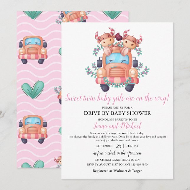 Invitation Vaches mignonnes Twin Girls Baby shower Drive à tr (Devant / Derrière)