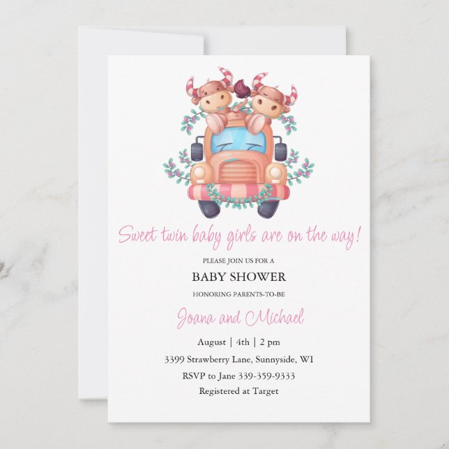Invitation Vaches mignonnes Voiture rose Baby shower Twin Gir (Devant)