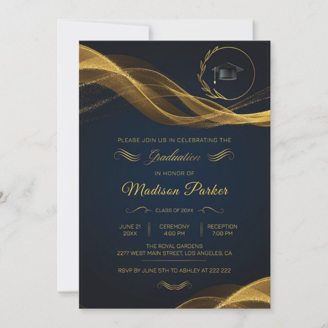 Invitation Vague brillante d'or sur la Graduation bleue (Devant)