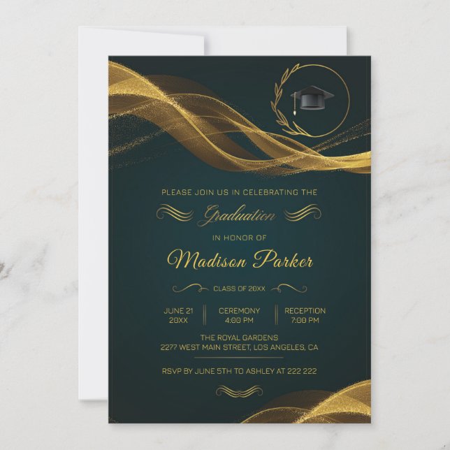 Invitation Vague brillante d'or sur la graduation verte (Devant)