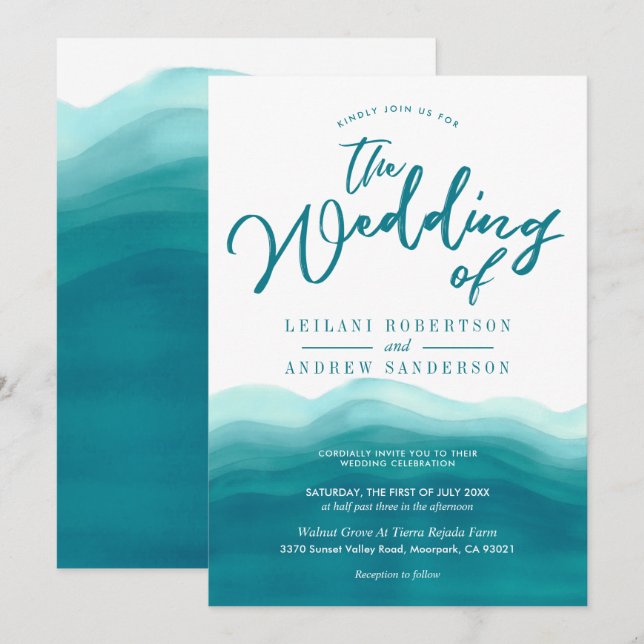 Invitation Vague d'aquarelle Turquoise moderne | MARIAGE (Devant / Derrière)