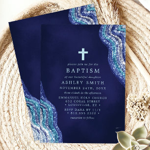 Invitation Vague d'eau de baptême pailletée bleue et argentée