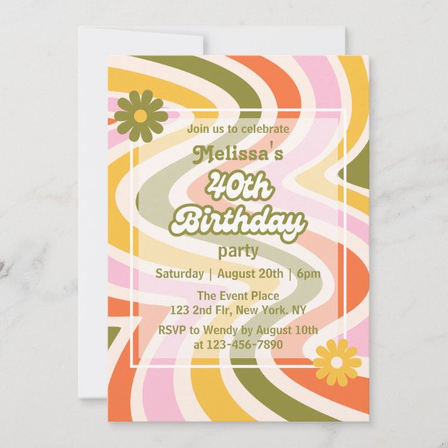Invitation Vague rétro Super Fleur verte 40e anniversaire (Devant)
