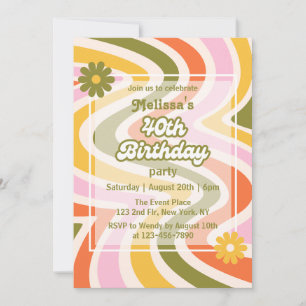 Invitation Vague rétro Super Fleur verte 40e anniversaire