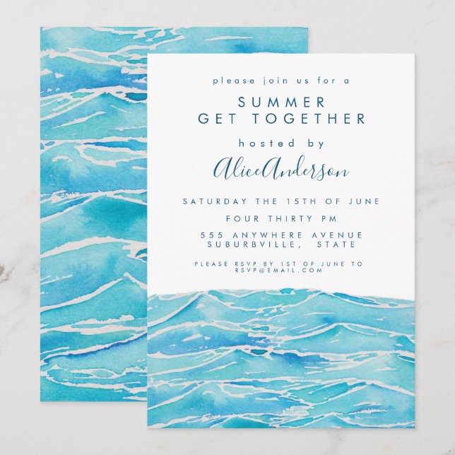 Invitation Vagues de plage à l'aquarelle Côte Presqu'île Fête (Devant / Derrière)