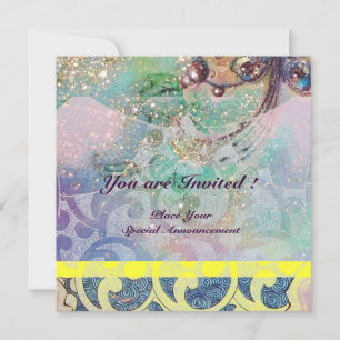 Invitation VAGUES , jaune bleu rose or étincelles