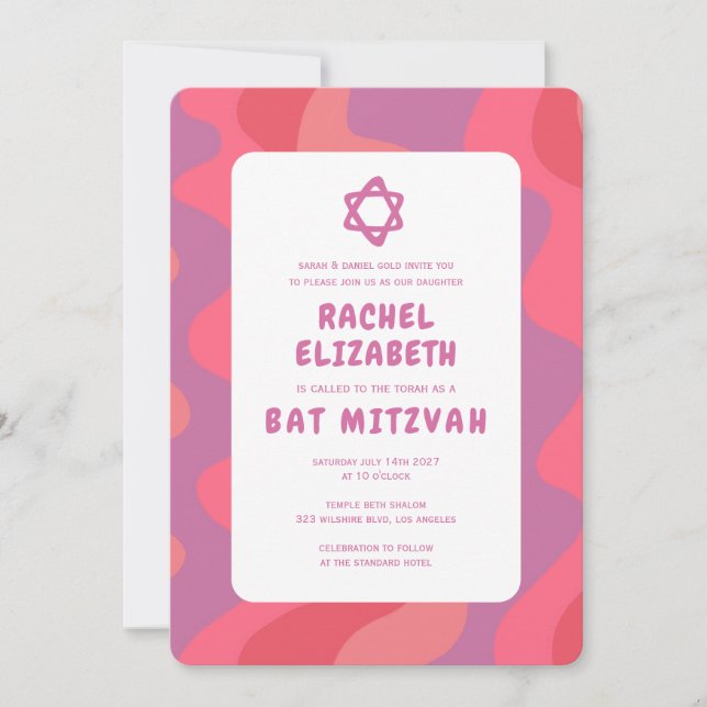 Invitation Vagues roses groovy étoile de David Bat Mitzvah su (Devant)