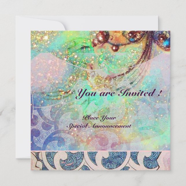 Invitation VAGUES, rouge vif bleu vert rose or scintillent (Devant)