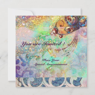 Invitation VAGUES, rouge vif vert bleu rose or scintille