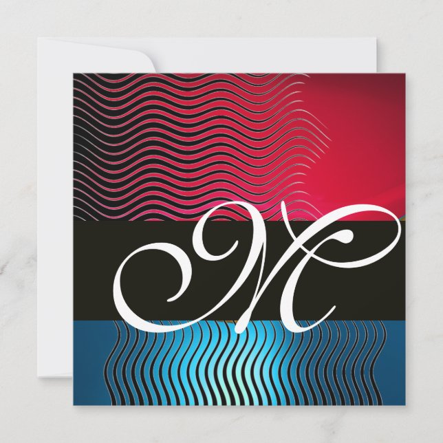 Invitation VAGUES STYLÉES MONOGRAMME,Bleu Saphir,Bourgogne Ro (Devant)