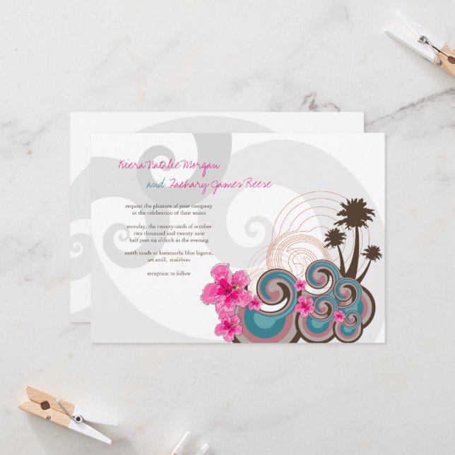 Invitation Vagues tropicales Hibiscus rose Destination Mariag (Devant/Arrière en situation)