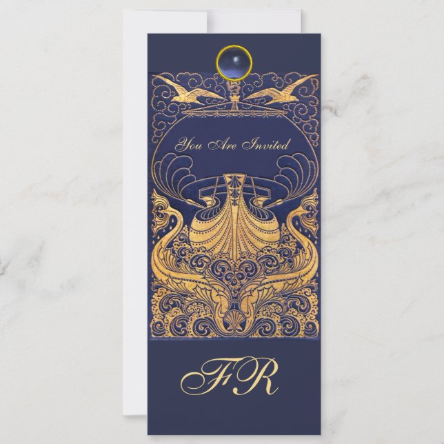 Invitation Vaisseau antique, Dauphins, Jaune, Monogramme bleu (Devant)