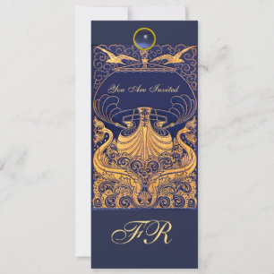 Invitation Vaisseau antique, Dauphins, Jaune, Monogramme bleu