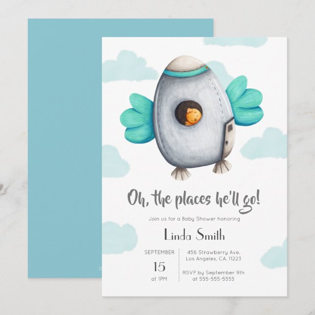 Invitation Vaisseau bleu et blanc avec Baby shower d'oiseaux (Devant / Derrière)