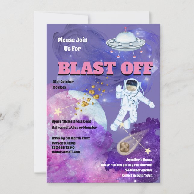 Invitation vaisseau fusée astronaute rose violet filles espac (Devant)