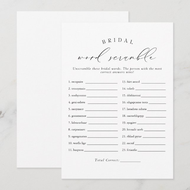 Invitation VALENTINA Elegant Script Bridal Word Scramble Jeu (Devant / Derrière)