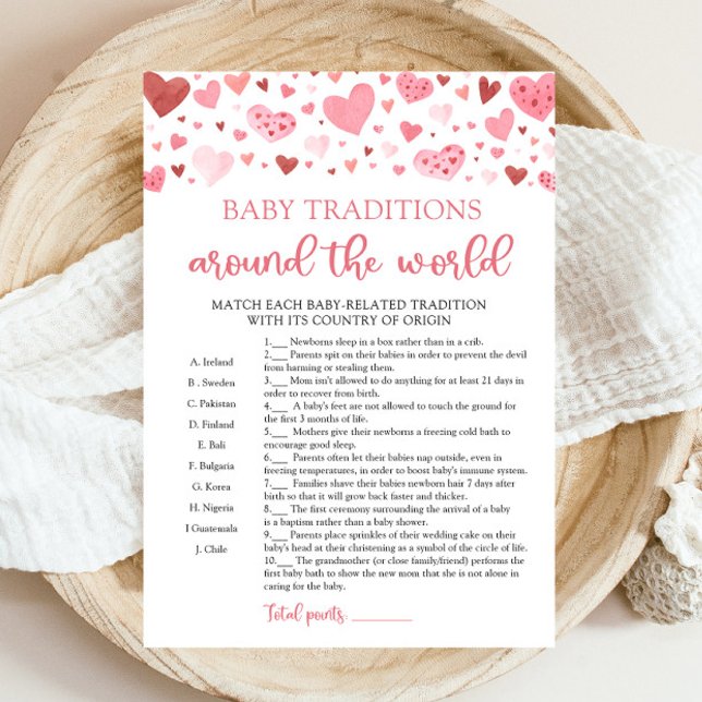 Invitation Valentine Baby Traditions autour du monde jeu (Watercolor Pink Hearts Valentine Sweetheart Girl Baby Traditions Around The World Baby Shower Game)