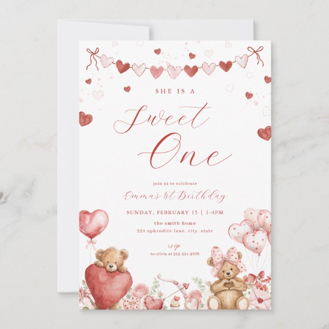 Invitation Valentine Bear Sweet One 1st Birthday Invite (Devant)