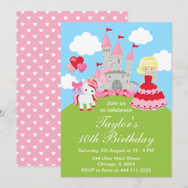 Invitation Valentine Blonde Hair Princess Unicorn Anniversair (Devant / Derrière)