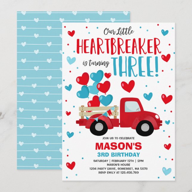 Invitation Valentine brise-coeur 3e anniversaire Camion rouge (Devant / Derrière)